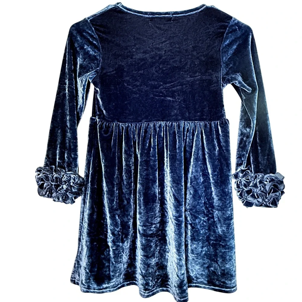Marie Nicole Velvet Icing Ruffle Dress Kids Size 6 XXL Muted Navy Excellent